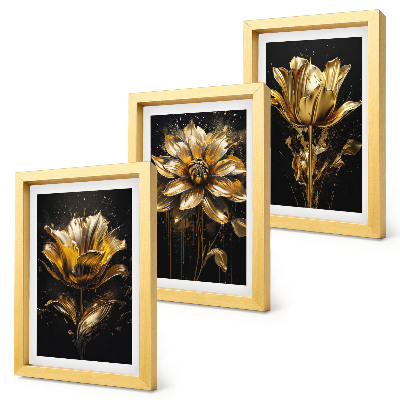 3-piece wall art set Flowers in shades of yellow on a dark background