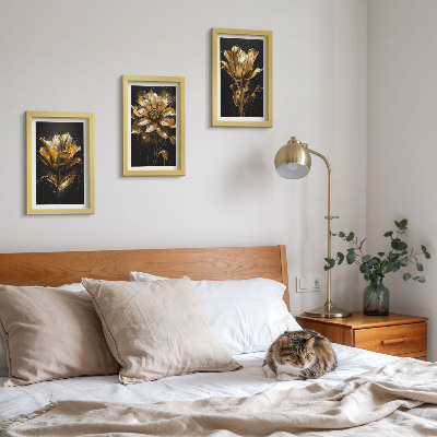 3-piece wall art set Flowers in shades of yellow on a dark background
