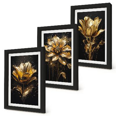 3-piece wall art set Flowers in shades of yellow on a dark background