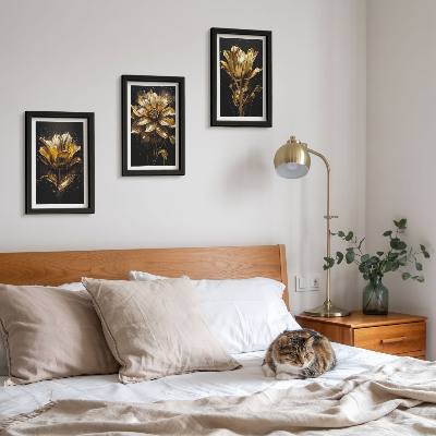 3-piece wall art set Flowers in shades of yellow on a dark background