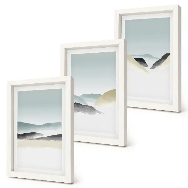 Minimalist mountain triptych in delicate pastels, framed