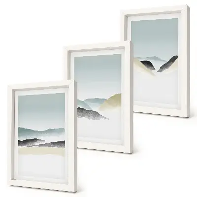 Minimalist mountain triptych in delicate pastels, framed