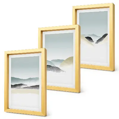 Minimalist mountain triptych in delicate pastels, framed