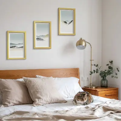 Minimalist mountain triptych in delicate pastels, framed