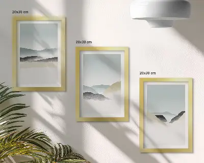 Minimalist mountain triptych in delicate pastels, framed