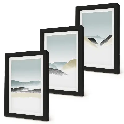 Minimalist mountain triptych in delicate pastels, framed