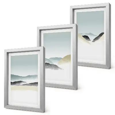 Minimalist mountain triptych in delicate pastels, framed