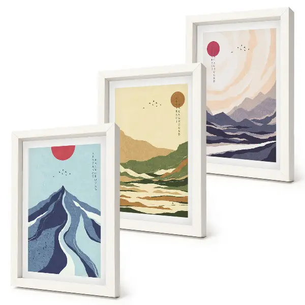 3-piece wall art set mountains in pastel colors in Japandi style