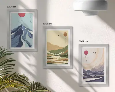 3-piece wall art set mountains in pastel colors in Japandi style