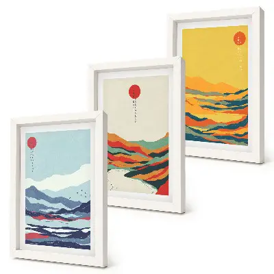 Photo frame wall with colorful abstract mountain and river landscape art