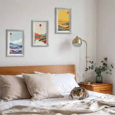 Photo frame wall with colorful abstract mountain and river landscape art