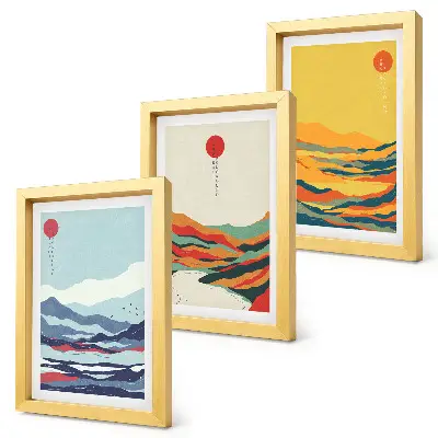 Photo frame wall with colorful abstract mountain and river landscape art