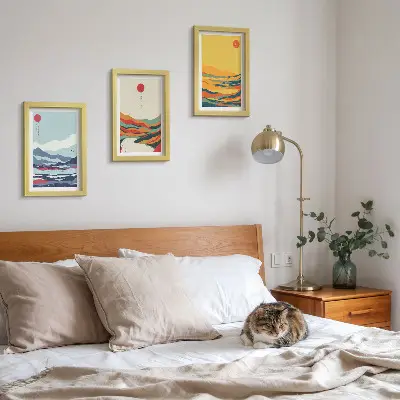 Photo frame wall with colorful abstract mountain and river landscape art