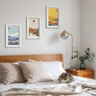 Photo frame wall with colorful abstract mountain and river landscape art