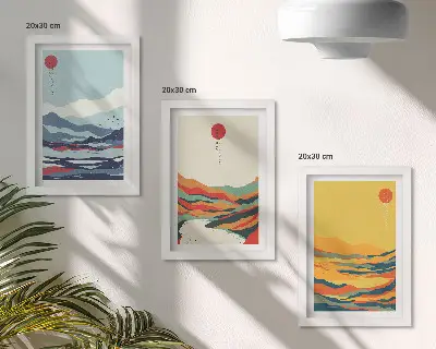 Photo frame wall with colorful abstract mountain and river landscape art