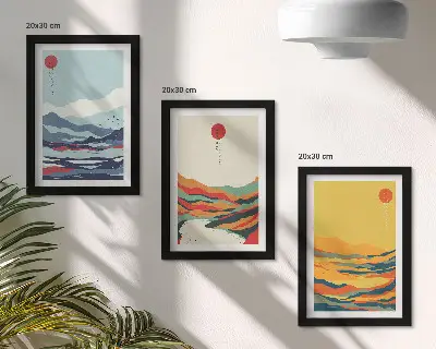 Photo frame wall with colorful abstract mountain and river landscape art