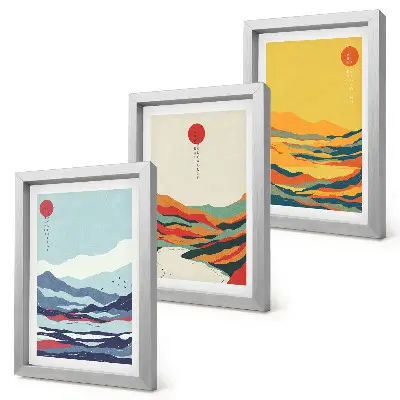Photo frame wall with colorful abstract mountain and river landscape art