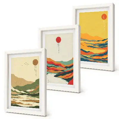3-piece wall art set featuring colorful Japandi style mountain and river patterns