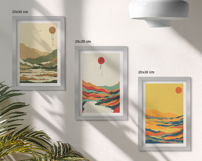 3-piece wall art set Colorful patterns of mountains and rivers in Japandi style