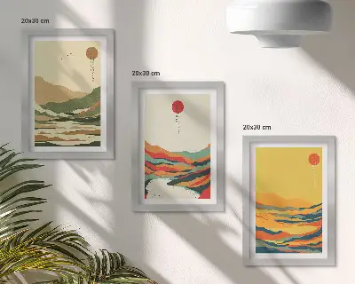 3-piece wall art set featuring colorful Japandi style mountain and river patterns