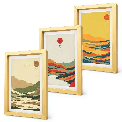 3-piece wall art set featuring colorful Japandi style mountain and river patterns
