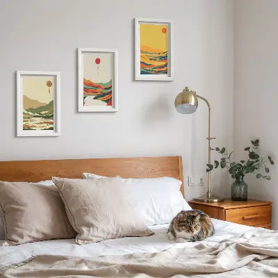 3-piece wall art set featuring colorful Japandi style mountain and river patterns