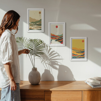 3-piece wall art set Colorful patterns of mountains and rivers in Japandi style