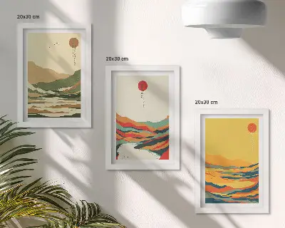 3-piece wall art set featuring colorful Japandi style mountain and river patterns