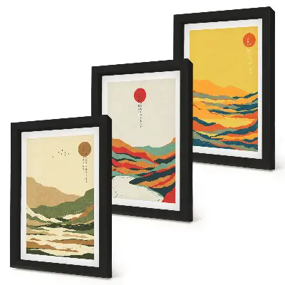 3-piece wall art set featuring colorful Japandi style mountain and river patterns