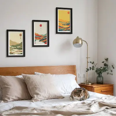 3-piece wall art set featuring colorful Japandi style mountain and river patterns