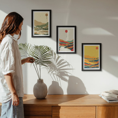 3-piece wall art set Colorful patterns of mountains and rivers in Japandi style