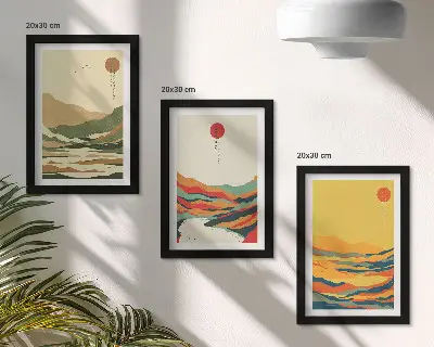 3-piece wall art set featuring colorful Japandi style mountain and river patterns