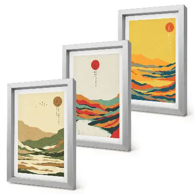 3-piece wall art set featuring colorful Japandi style mountain and river patterns