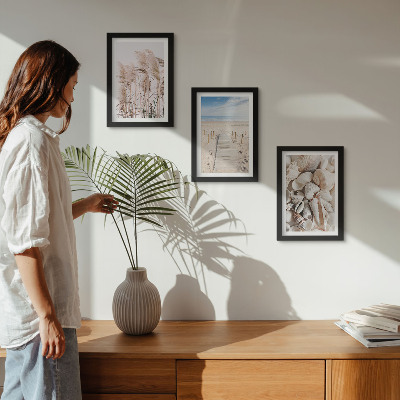 Framed triptych Sandy beach with shells and sea grass