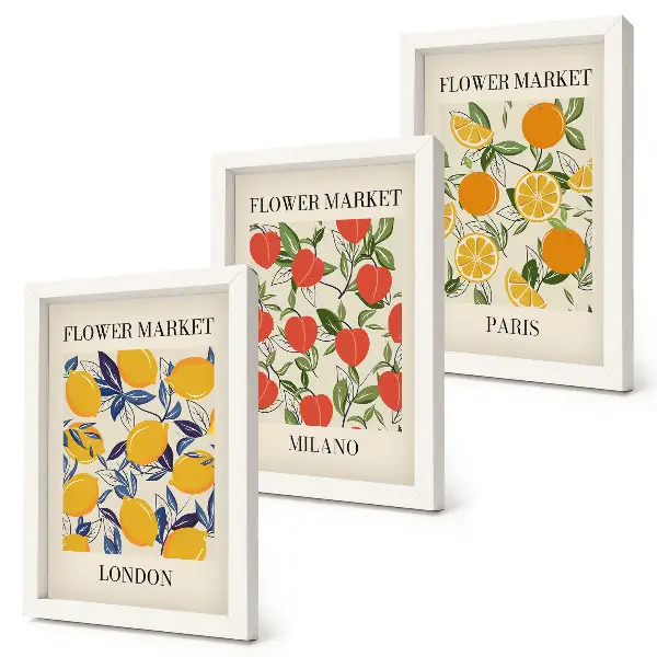 Floral triptych framed posters of London, Milan and Paris