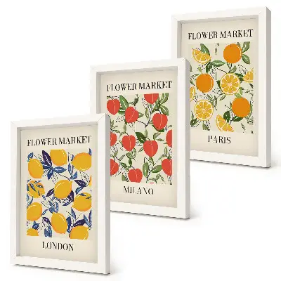 Floral triptych framed posters of London, Milan and Paris