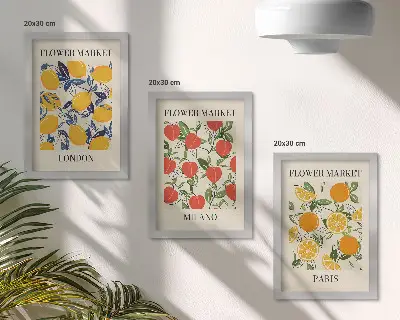Floral triptych framed posters of London, Milan and Paris