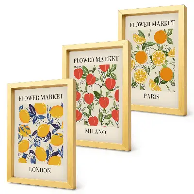 Floral triptych framed posters of London, Milan and Paris
