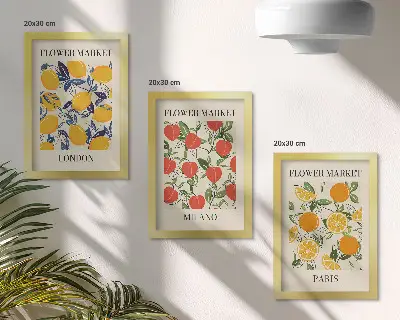 Floral triptych framed posters of London, Milan and Paris
