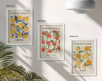 Floral triptych framed posters of London, Milan and Paris