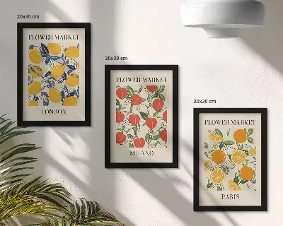 Floral triptych framed posters of London, Milan and Paris