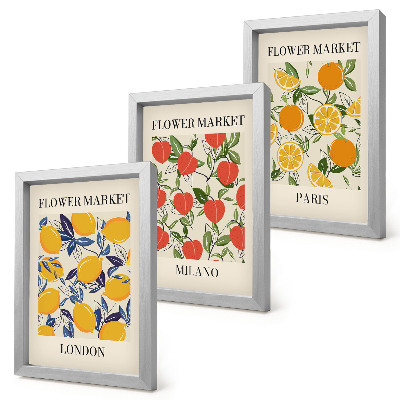 Framed triptych Floral posters in London, Milan and Paris