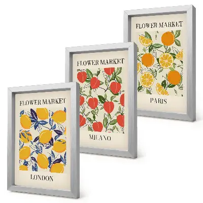 Floral triptych framed posters of London, Milan and Paris