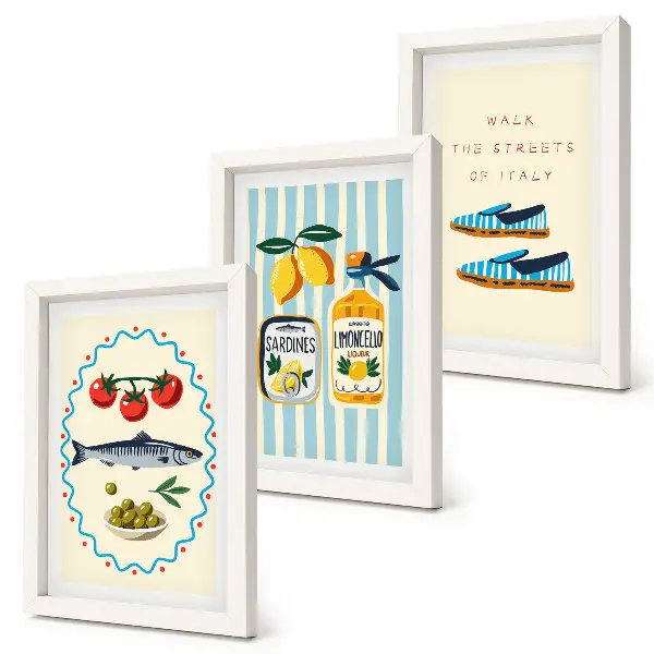 Photo frame wall featuring Italian-inspired lifestyle and colorful imagery