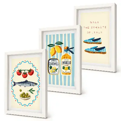 Photo frame wall featuring Italian-inspired lifestyle and colorful imagery
