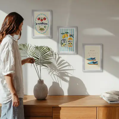 Photo frame wall featuring Italian-inspired lifestyle and colorful imagery