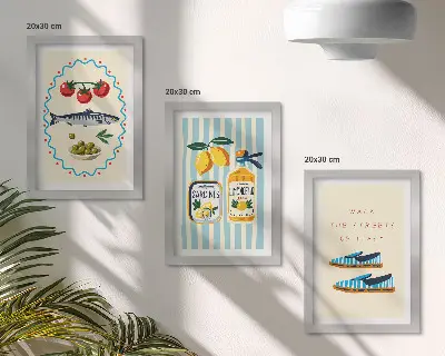 Photo frame wall featuring Italian-inspired lifestyle and colorful imagery