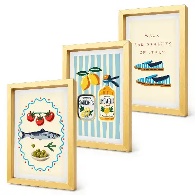 Photo frame wall featuring Italian-inspired lifestyle and colorful imagery