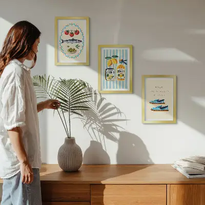 Photo frame wall featuring Italian-inspired lifestyle and colorful imagery