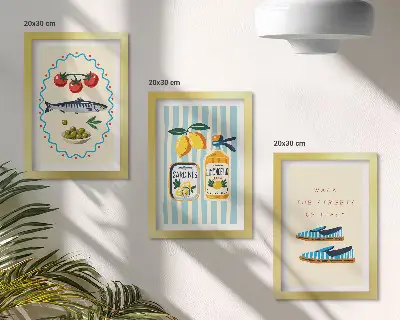 Photo frame wall featuring Italian-inspired lifestyle and colorful imagery